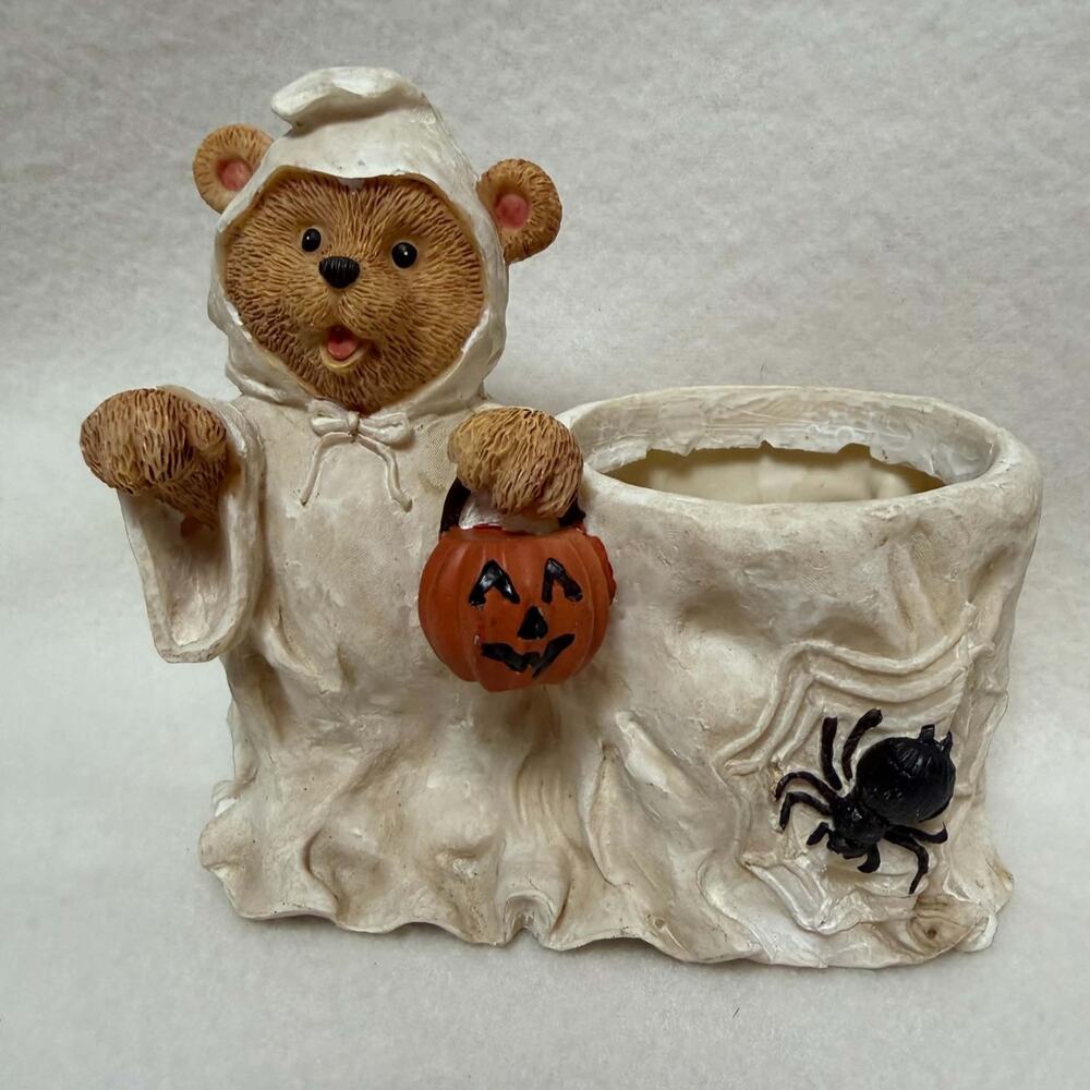 Halloween Teddy Bear Vintage Ceramic Candle Holder Pumpkin Spiders Ghost Costume